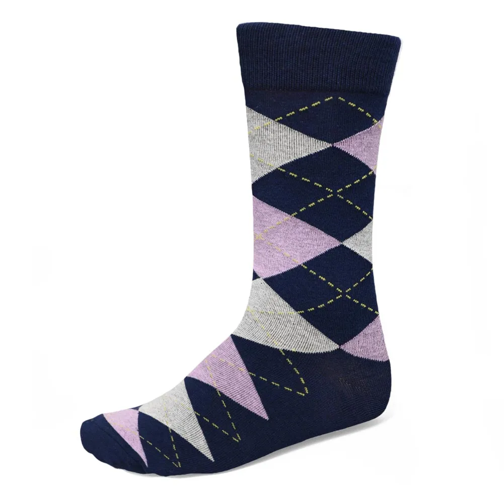 Men's Navy Blue and Lavender Argyle Socks sold by TieMart