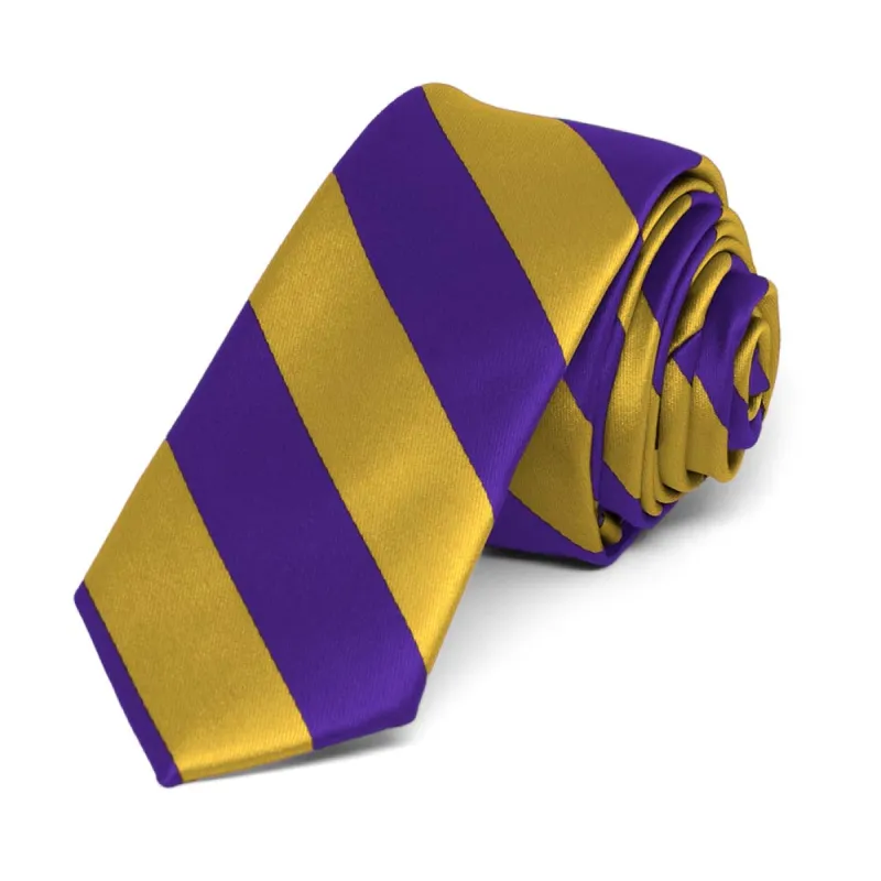 Dark Purple and Gold Striped Skinny Tie, 2" Width sold by TieMart