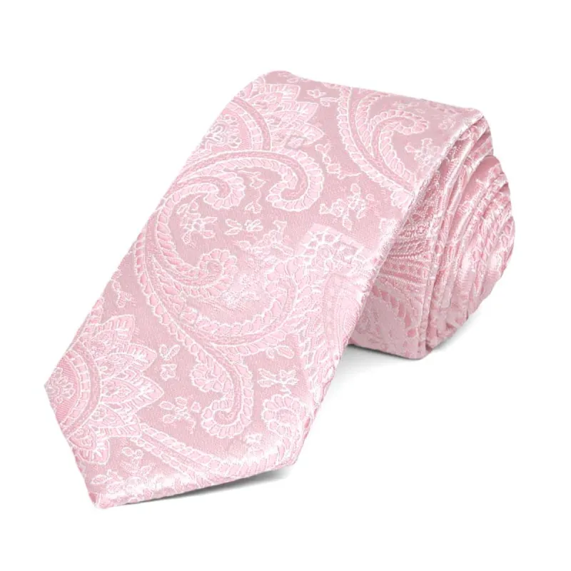 Pale Pink Clara Paisley Slim Necktie, 2.5" Width sold by TieMart