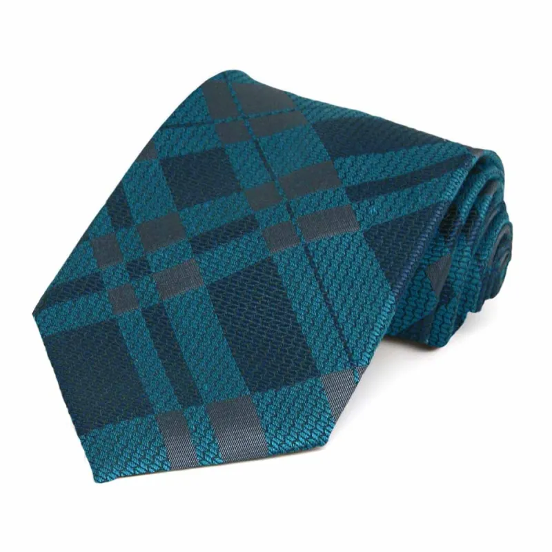 Dark Teal Division Plaid Cotton/Silk Necktie sold by TieMart