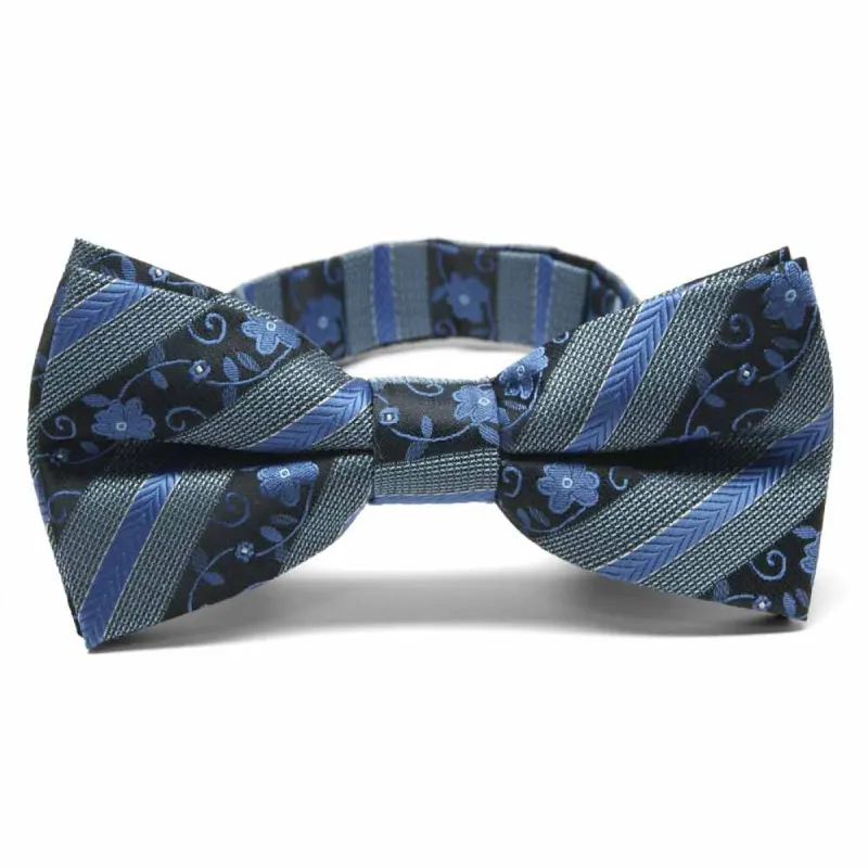 Brilliant Blue Anna Floral Stripe Band Collar Bow Tie sold by TieMart