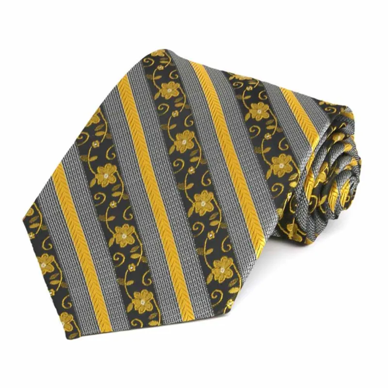 Marigold Yellow Anna Floral Striped Extra Long Necktie sold by TieMart
