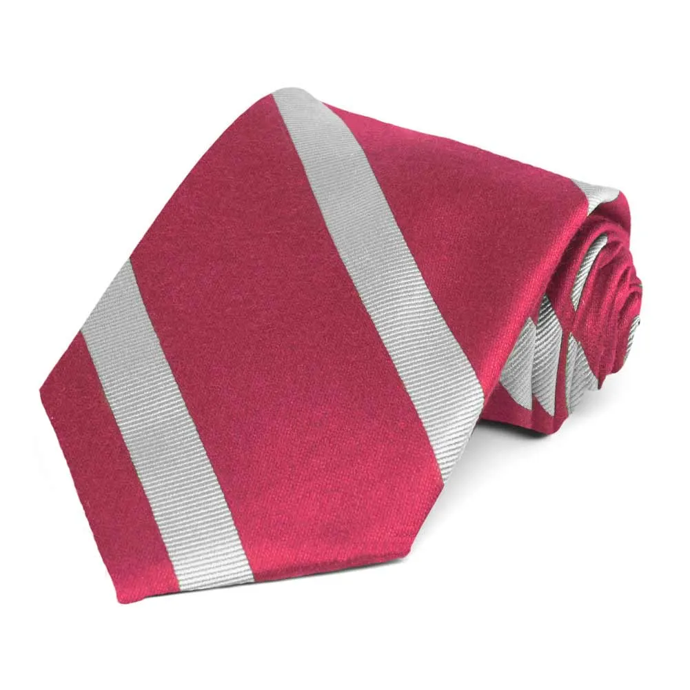 Ruby Red and Silver Striped Cotton/Silk Extra Long Necktie sold by TieMart