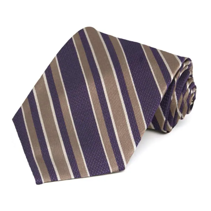 Eggplant Purple and Latte Federal Striped Silk/Viscose Necktie sold by TieMart