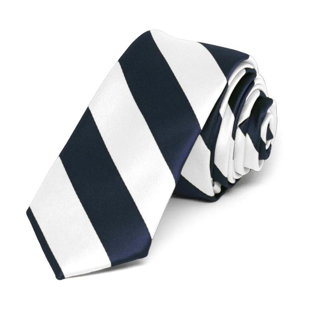 Navy Blue and White Striped Skinny Tie, 2" Width sold by TieMart