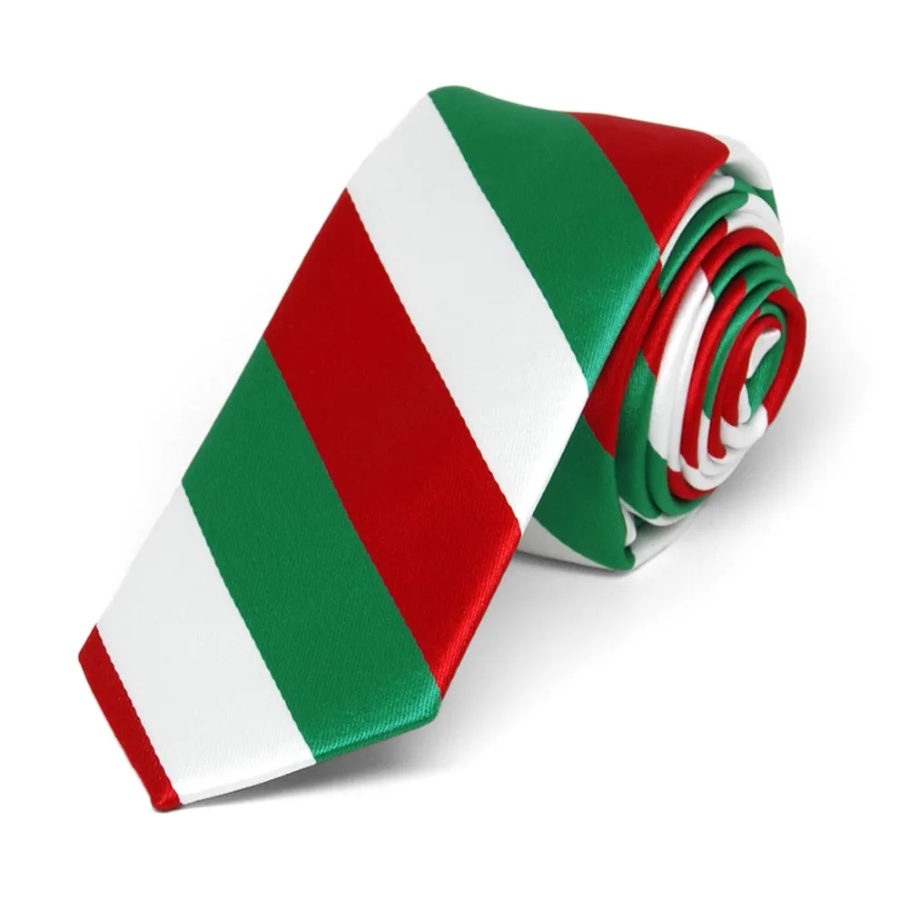 Kelly Green, White and Red Striped Skinny Tie, 2" Width sold by TieMart