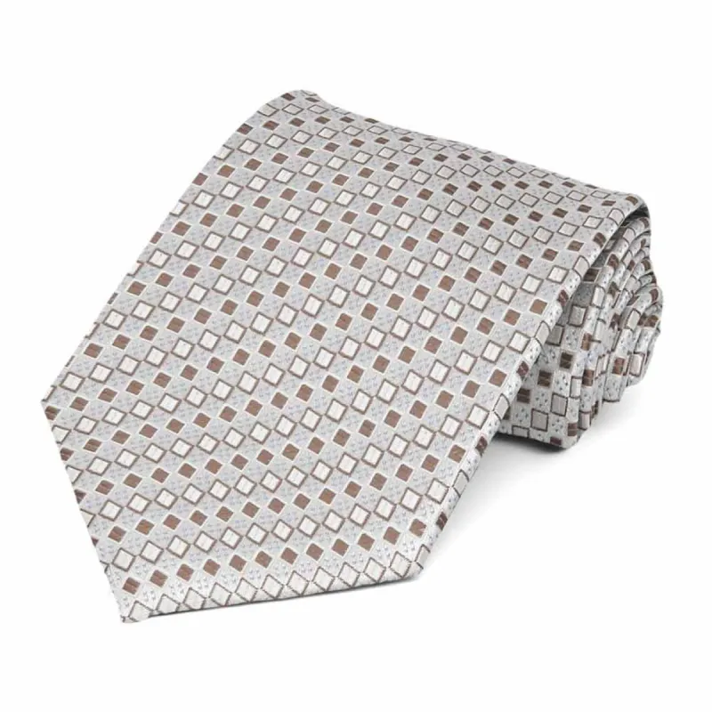 Oatmeal Brown Marie Square Pattern Extra Long Necktie sold by TieMart
