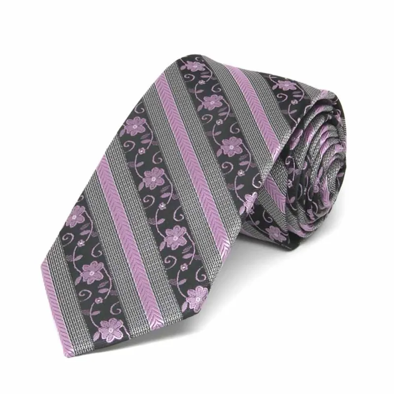 English Lavender Anna Floral Striped Slim Necktie, 2.5" Width sold by TieMart