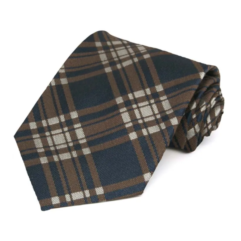 Brown and Navy Blue Colonel Plaid Cotton/Silk Necktie sold by TieMart