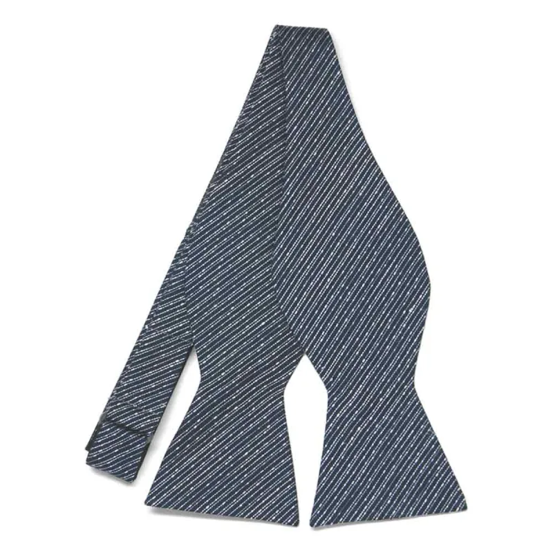 Navy Blue Knight Striped Linen/Silk Self-Tie Bow Tie sold by TieMart