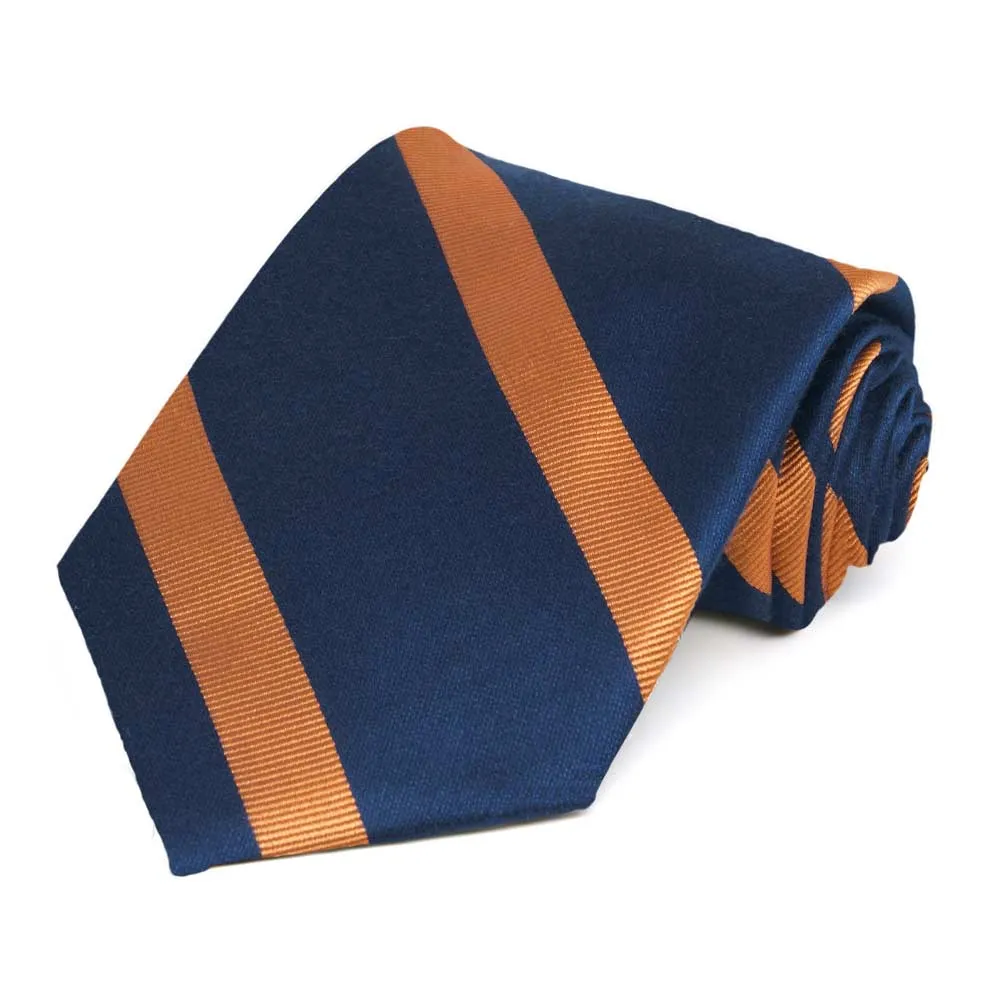 Navy Blue and Orange Striped Cotton/Silk Extra Long Necktie sold by TieMart