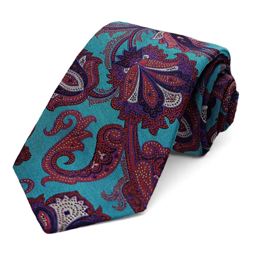 Turquoise Poet Paisley Silk Narrow Necktie, 3" Width sold by TieMart