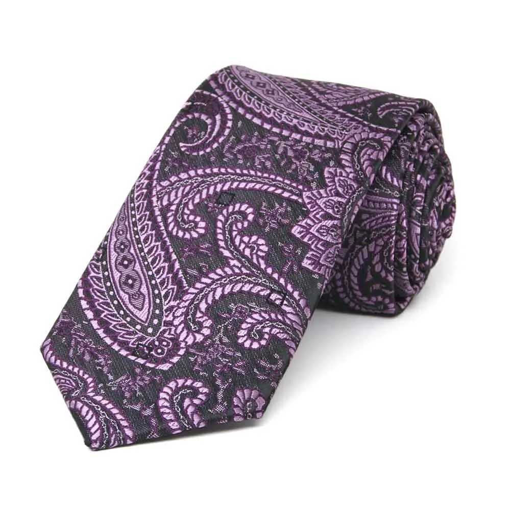 Eggplant Purple Clara Paisley Slim Necktie, 2.5" Width sold by TieMart