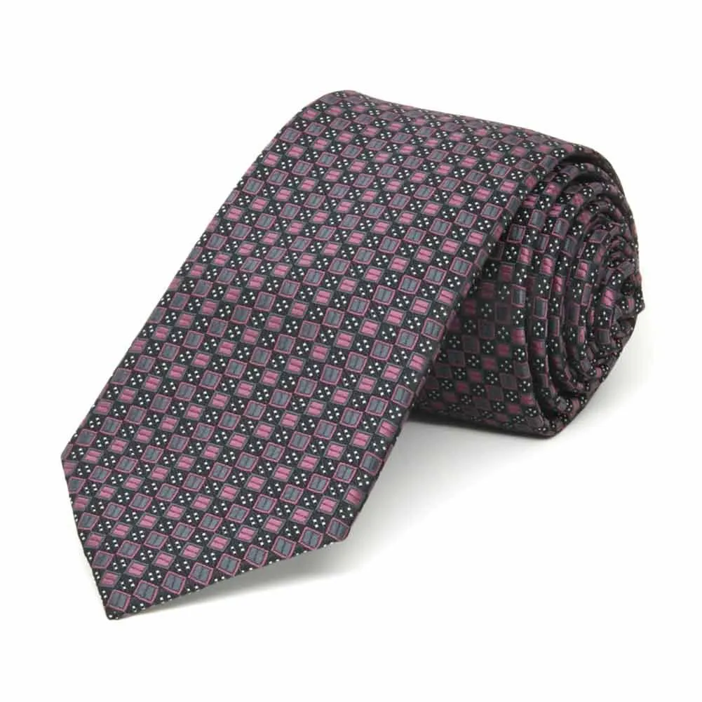 Dark Pink Marie Square Pattern Slim Necktie, 2.5" Width sold by TieMart