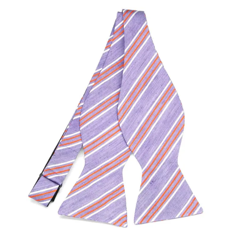 Purple and Orange Diplomat Striped Linen/Silk Self-Tie Bow Tie sold by TieMart