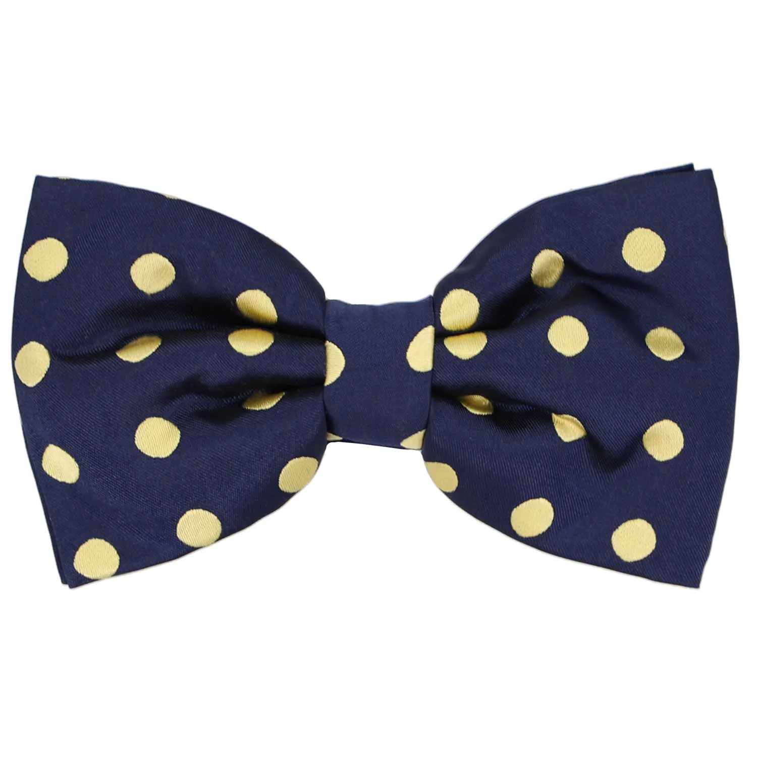 Navy Blue and Pale Gold Quincy Polka Dot Bow Tie sold by TieMart