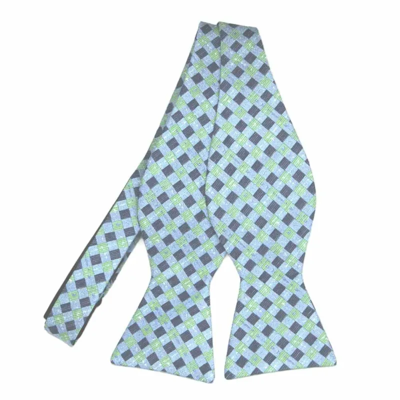 Light Blue Patriarch Plaid Linen/Silk Self-Tie Bow Tie sold by TieMart