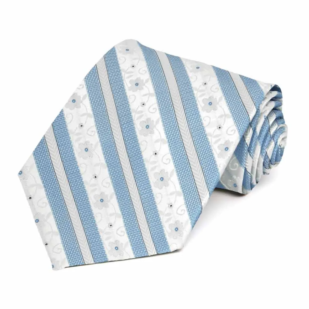 Sky Blue Anna Floral Striped Extra Long Necktie sold by TieMart