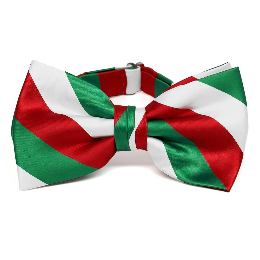 Kelly Green, White and Red Striped Bow Tie sold by TieMart
