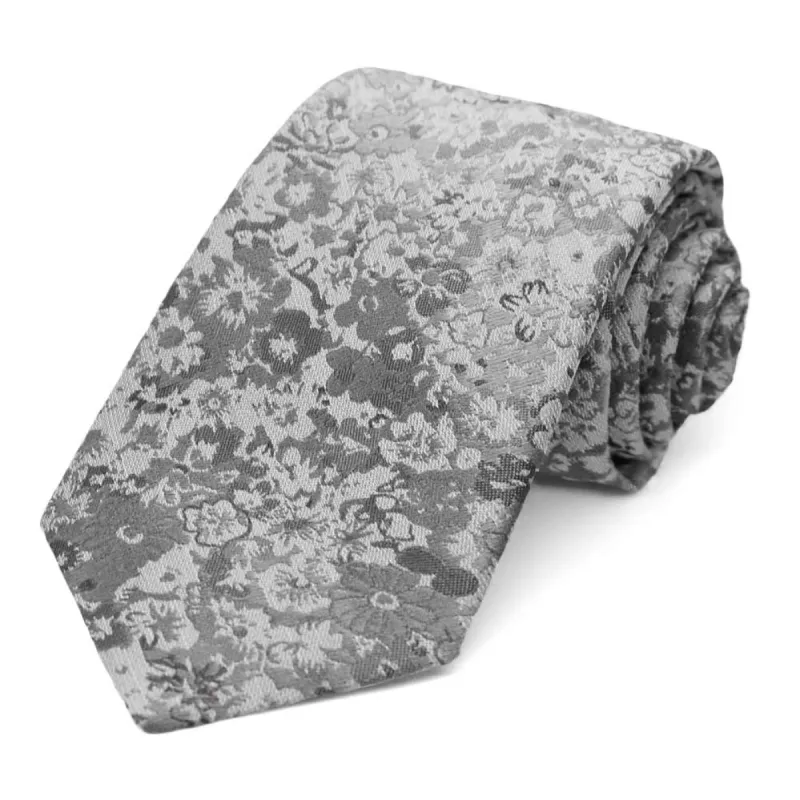 Gray Member Floral Silk/Viscose Narrow Necktie, 3" Width sold by TieMart