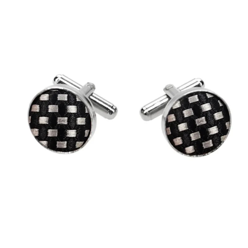 Black and Silver Check Fabric Cufflinks sold by TieMart