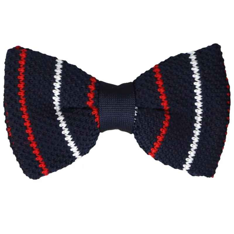 Navy Blue Thin Striped Knit Bow Tie sold by TieMart