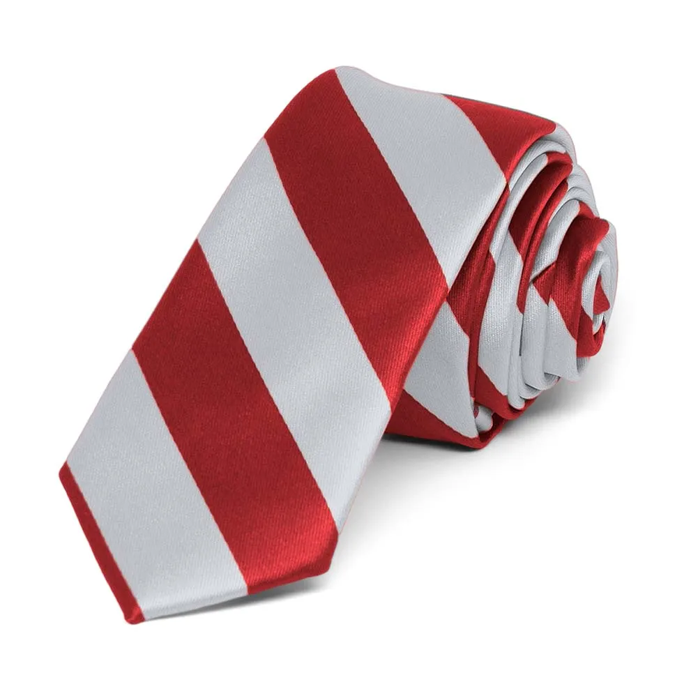 Red and Silver Striped Skinny Tie, 2" Width sold by TieMart