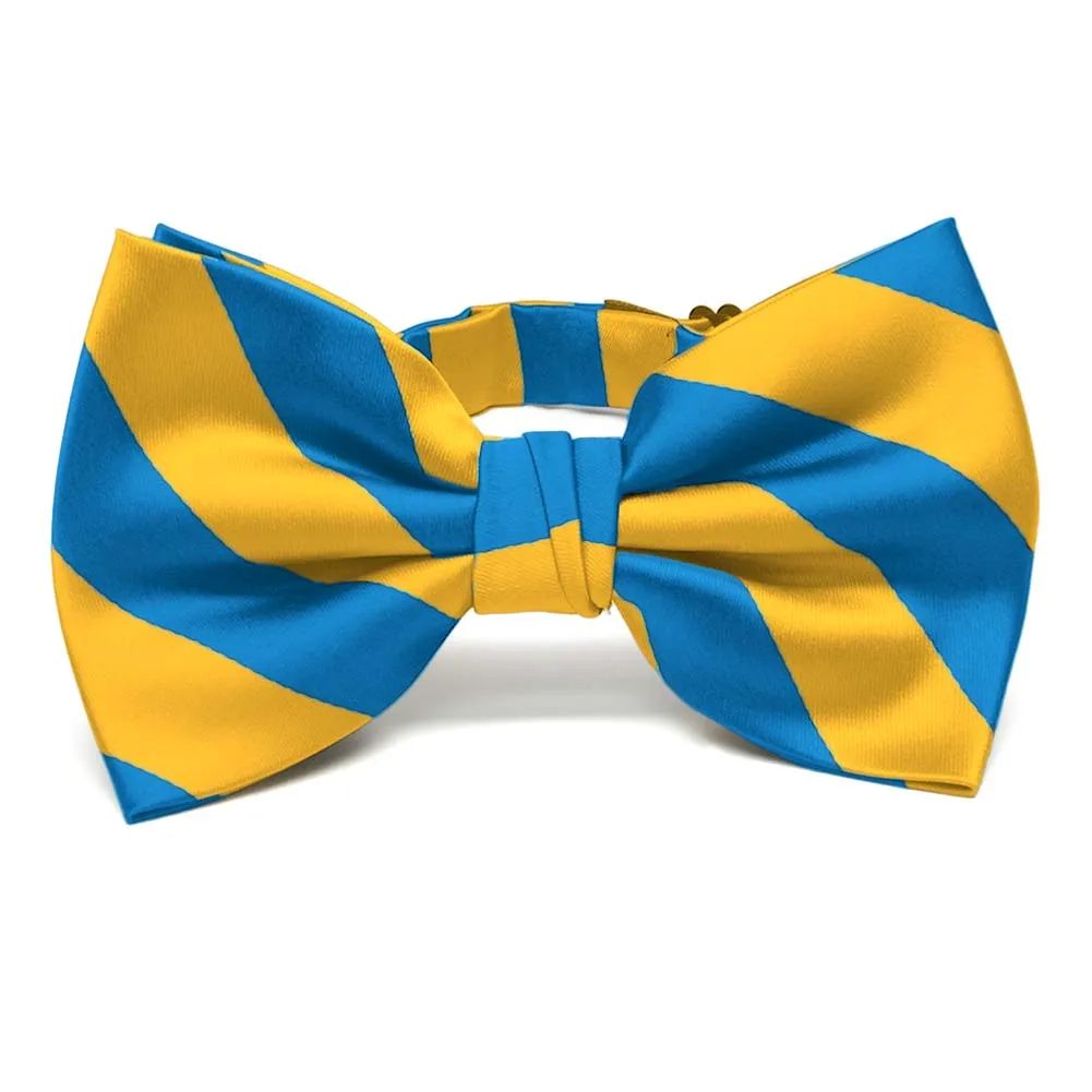 Peacock Blue and Golden Yellow Striped Bow Tie sold by TieMart