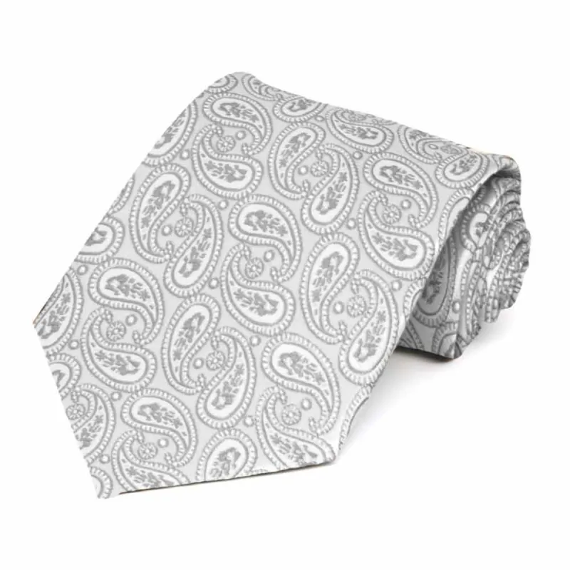 Pale Silver Darlene Paisley Extra Long Necktie sold by TieMart