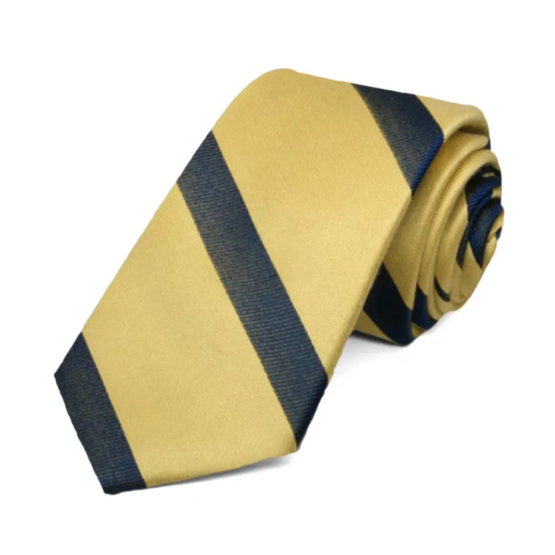 Light Gold and Navy Blue Striped Cotton/Silk Slim Necktie, 2.5" Width sold by TieMart