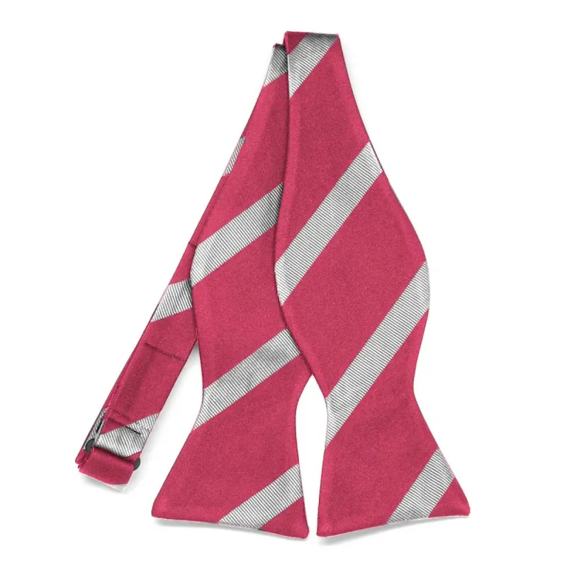 Ruby Red and Silver Striped Cotton/Silk Self-Tie Bow Tie sold by TieMart