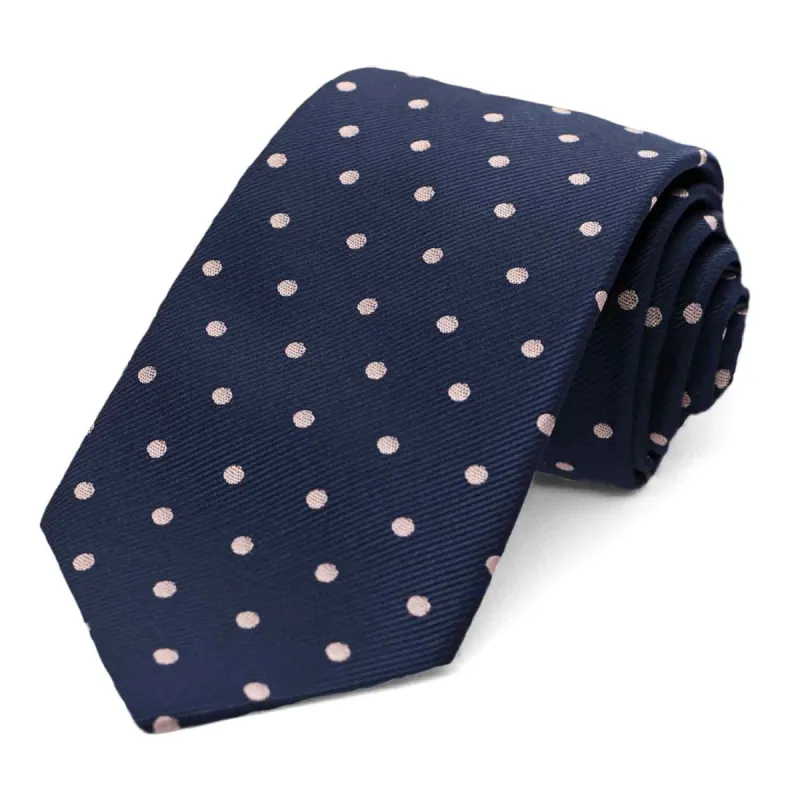 Navy Blue and Blush Pink Polka Dot Necktie sold by TieMart