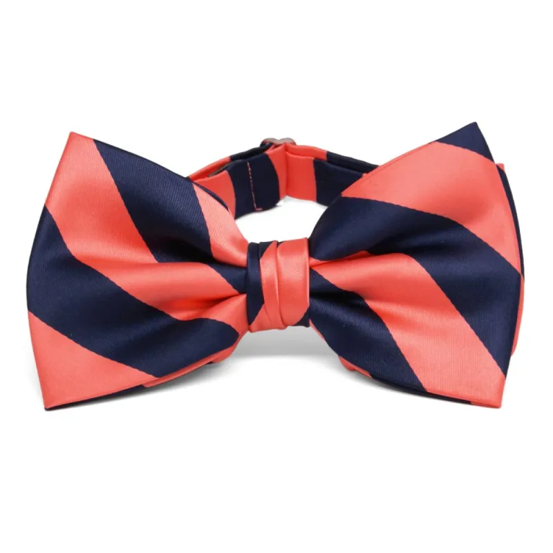 Bright Coral and Navy Blue Striped Bow Tie sold by TieMart