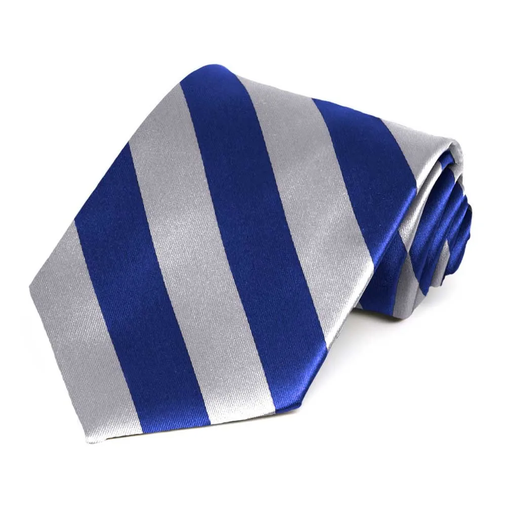 Royal Blue and Silver Extra Long Striped Tie sold by TieMart