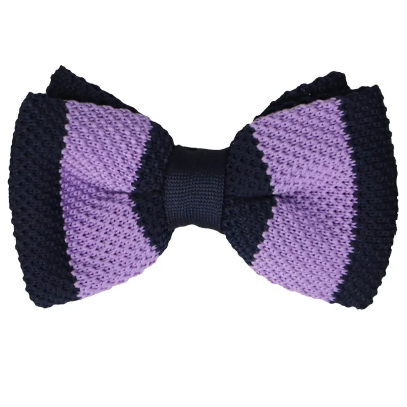 Purple and Navy Blue Rugby Striped Knit Bow Tie sold by TieMart