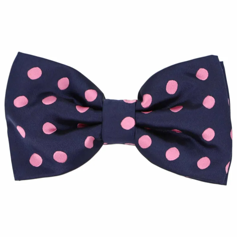Navy Blue and Pink Quincy Polka Dot Bow Tie sold by TieMart