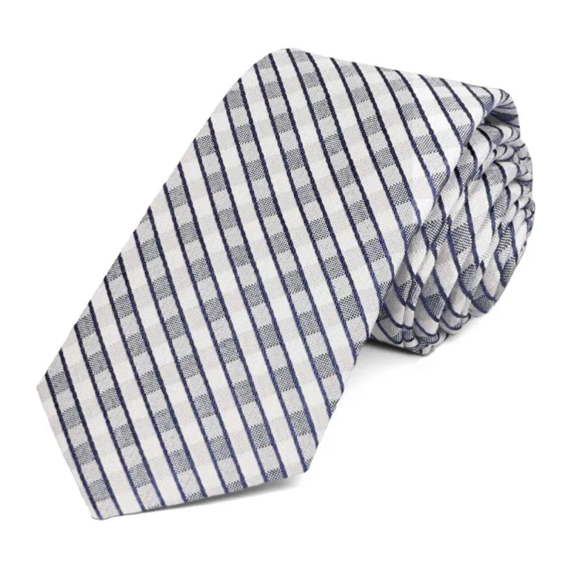 Dusty Blue Dresser Silk/Cotton Check Slim Necktie, 2.5" Width sold by TieMart