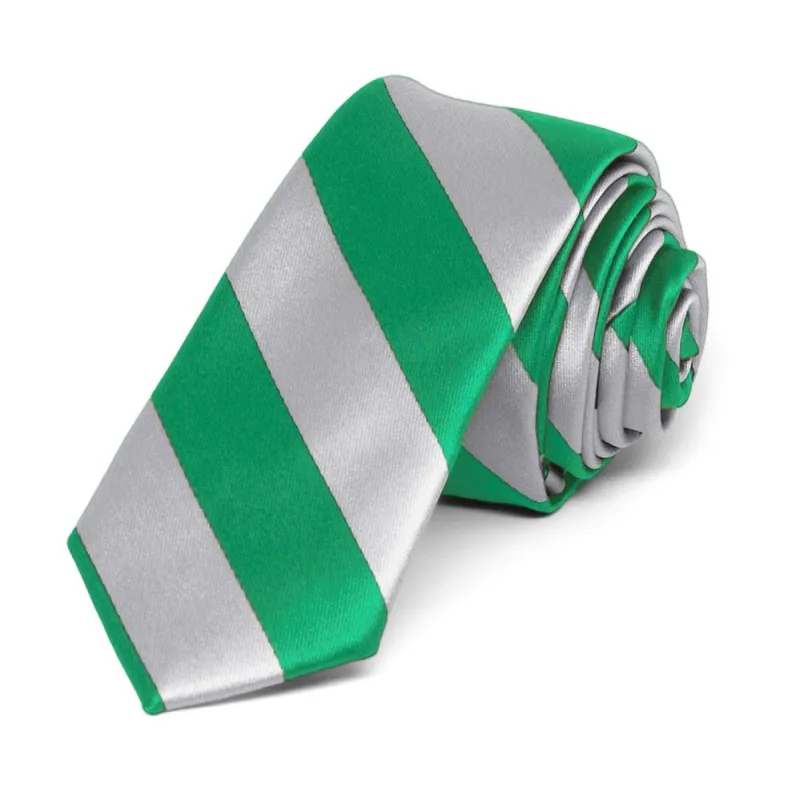 Kelly Green and Silver Striped Skinny Tie, 2" Width sold by TieMart