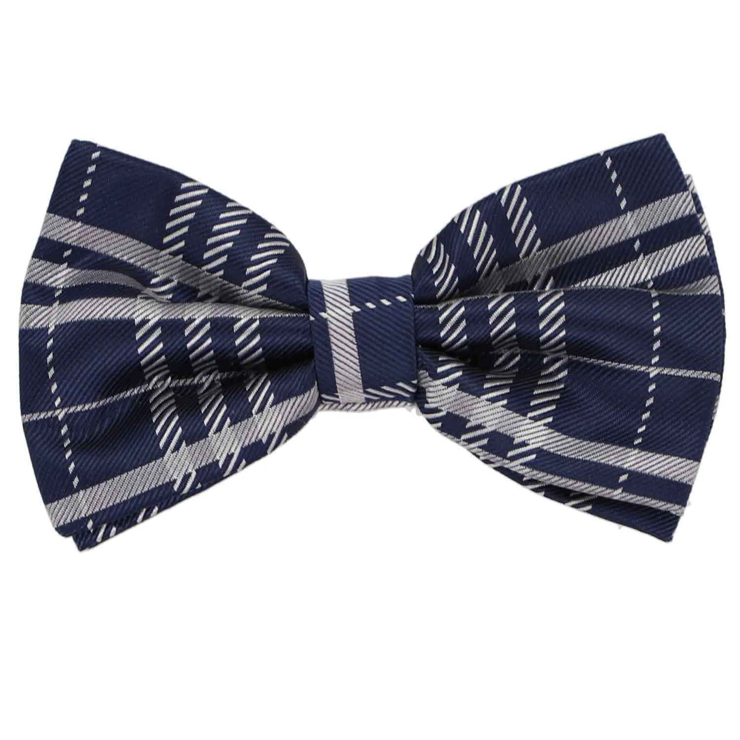 Navy Blue and Silver Casey Plaid Bow Tie sold by TieMart