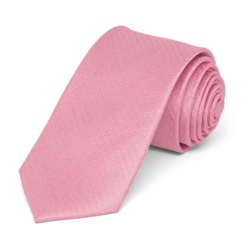 Bubblegum Pink Herringbone Silk Slim Necktie, 2.5" Width sold by TieMart