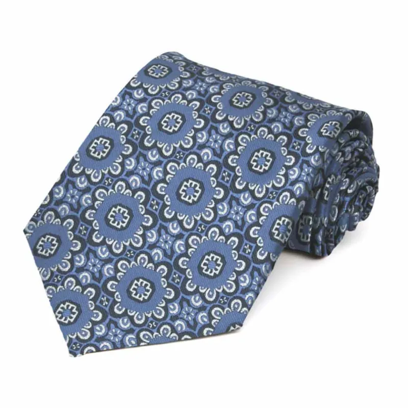 French Blue Emma Floral Pattern Extra Long Necktie sold by TieMart