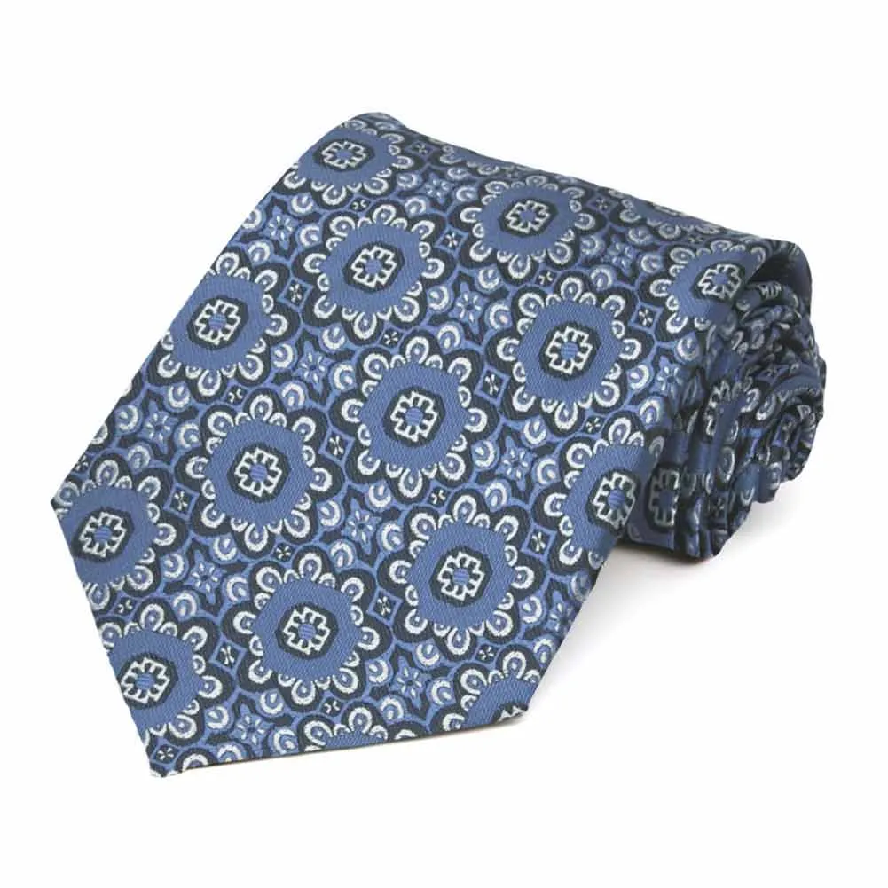 French Blue Emma Floral Pattern Extra Long Necktie sold by TieMart