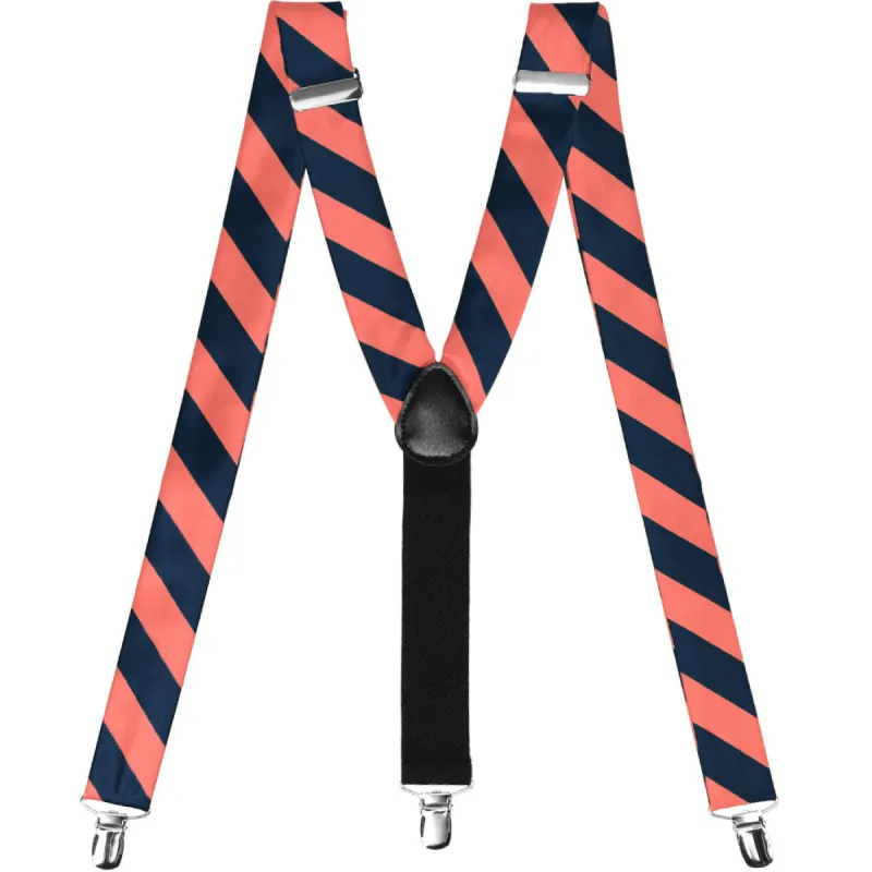 Bright Coral and Navy Blue Striped Suspenders sold by TieMart