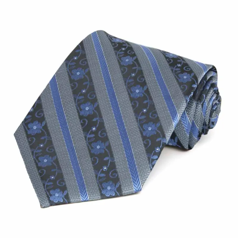 Brilliant Blue Anna Floral Stripe Extra Long Necktie sold by TieMart
