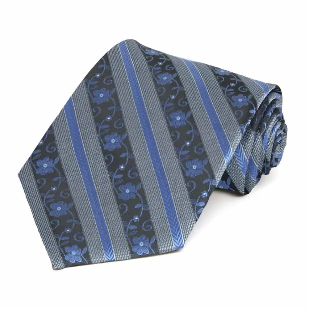 Brilliant Blue Anna Floral Stripe Extra Long Necktie sold by TieMart