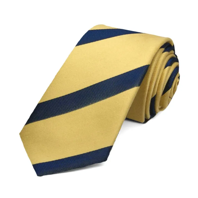 Light Gold and Navy Blue British Striped Cotton/Silk Slim Necktie, 2.5" Width sold by TieMart