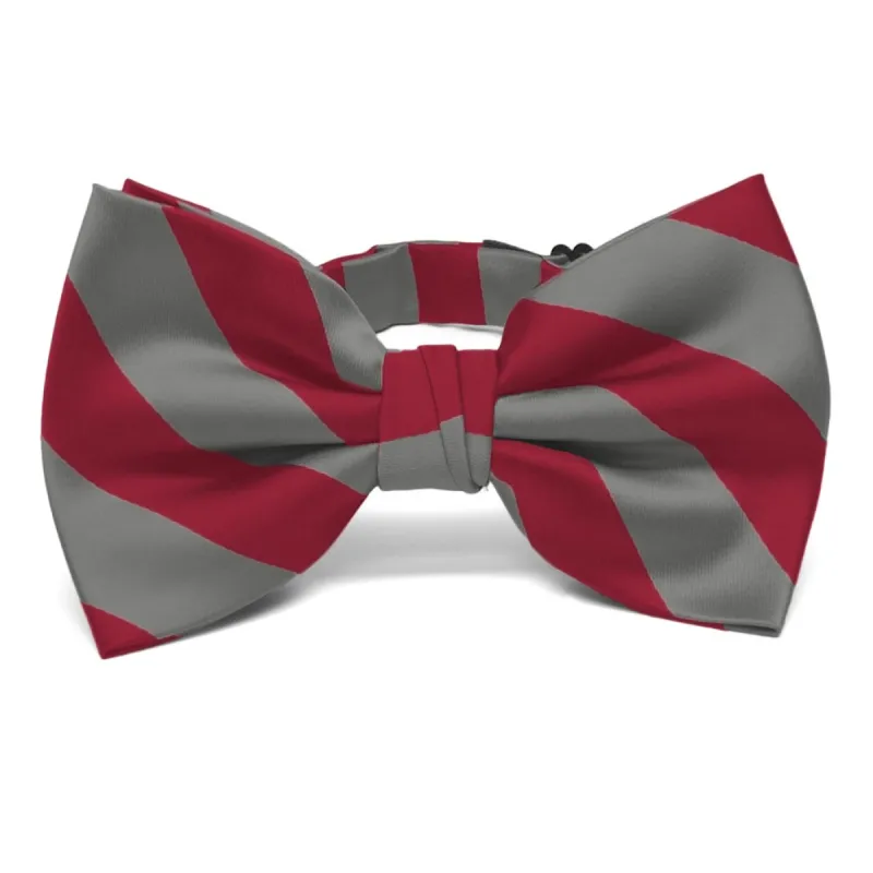 Crimson Red and Medium Gray Striped Bow Tie sold by TieMart