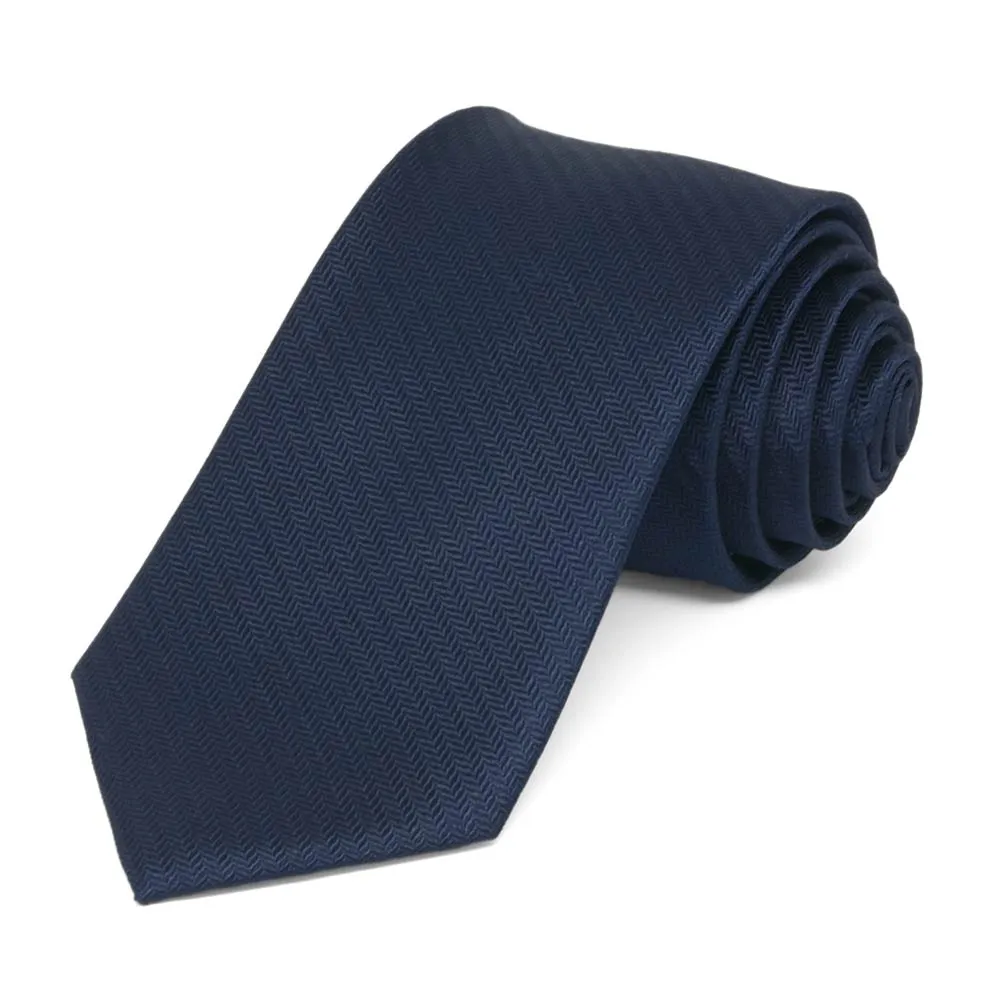 Navy Blue Herringbone Silk Slim Necktie, 2.5" Width sold by TieMart