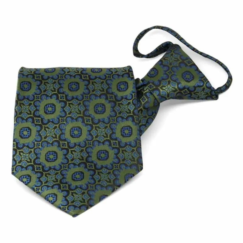 Avocado Green Emma Floral Pattern Zipper Tie sold by TieMart