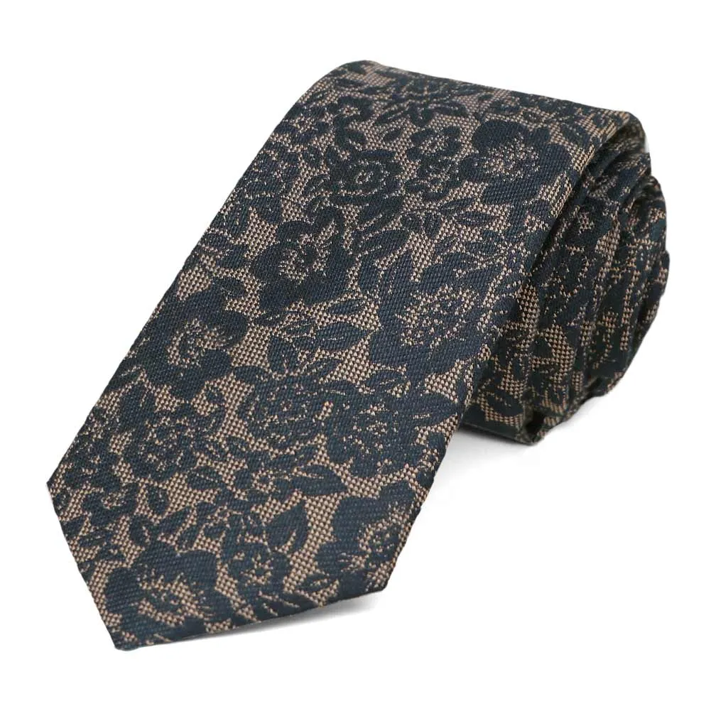 Navy Blue Journalist Floral Silk/Cotton Slim Necktie, 2.5" Width sold by TieMart